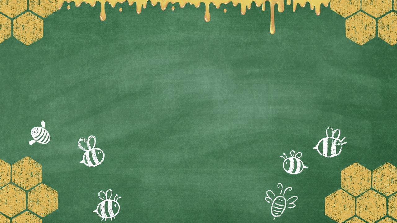 Chalk lettering on a green chalkboard spells out The 25th Annual Putnam County Spelling Bee, with doodled bees and honeycomb